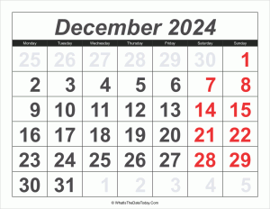 2024 calendar december with large numbers