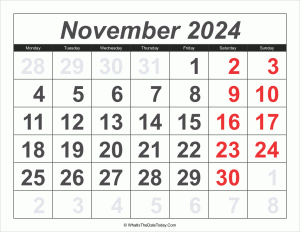 2024 calendar november with large numbers
