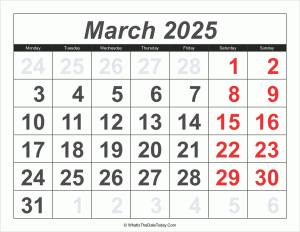 2025 calendar march with large numbers