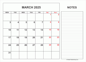 2025 printable march calendar with notes