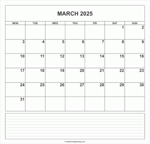 calendar march 2025 with notes