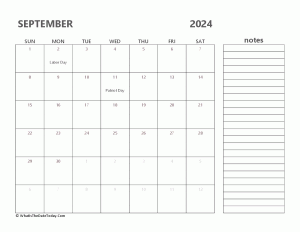 editable september 2024 calendar with holidays and notes
