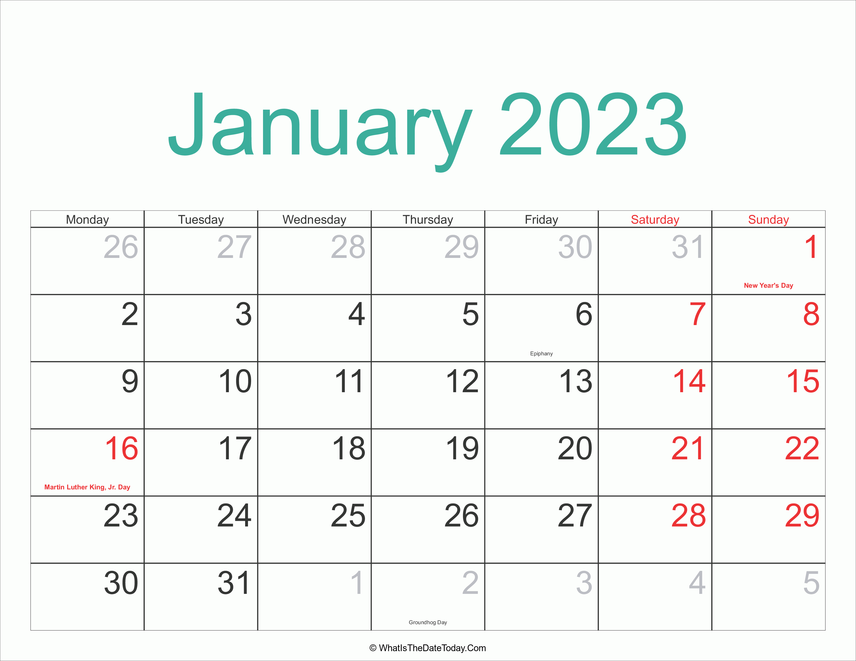 January 2023 Calendar Printable with Holidays | Whatisthedatetoday.Com