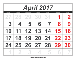 2017 calendar april with large numbers