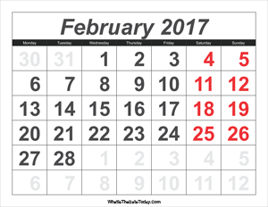 2017 calendar february with large numbers
