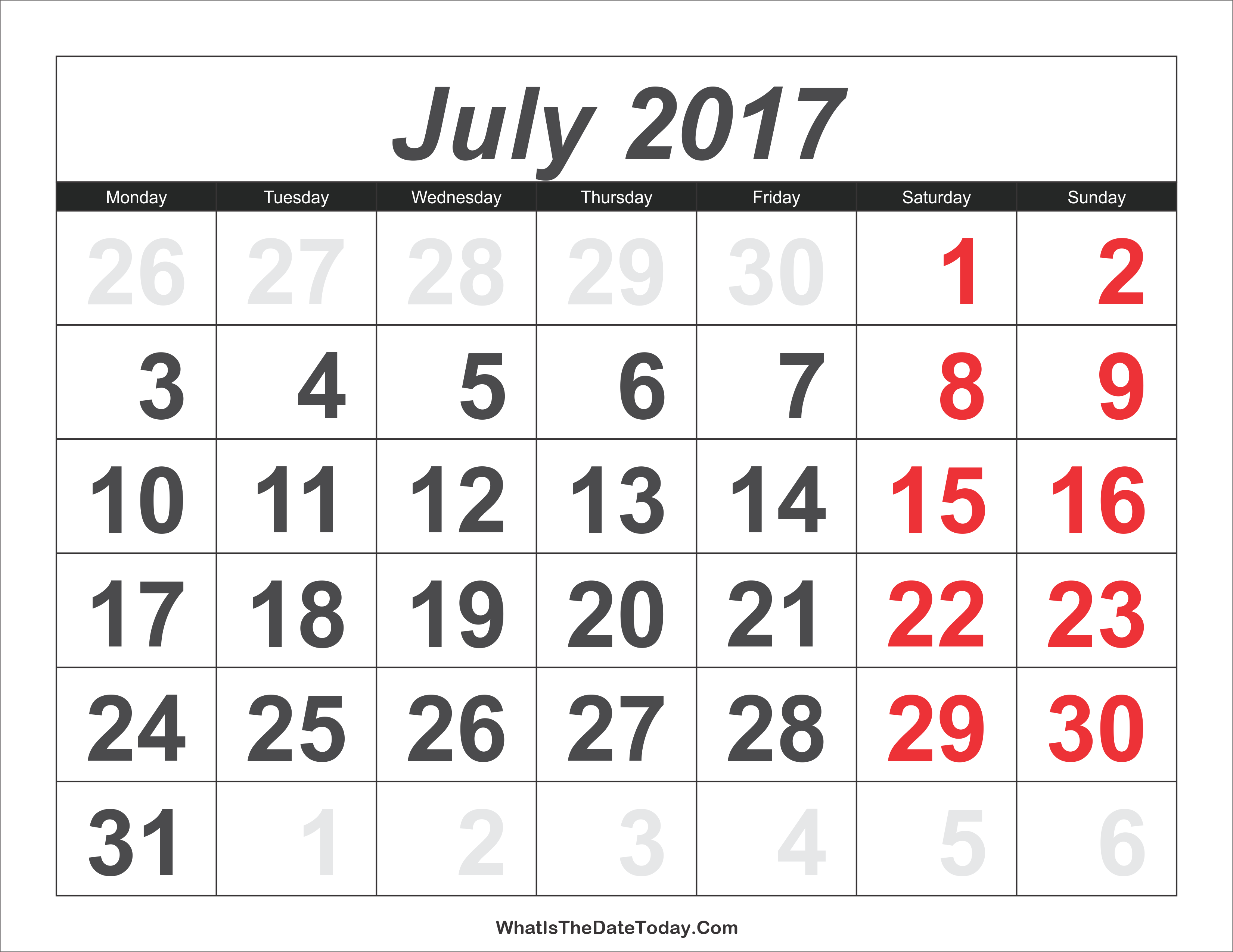 2017 Calendar July with Large Numbers Whatisthedatetoday Com