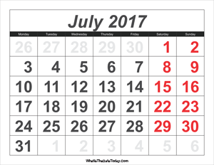 2017 calendar july with large numbers