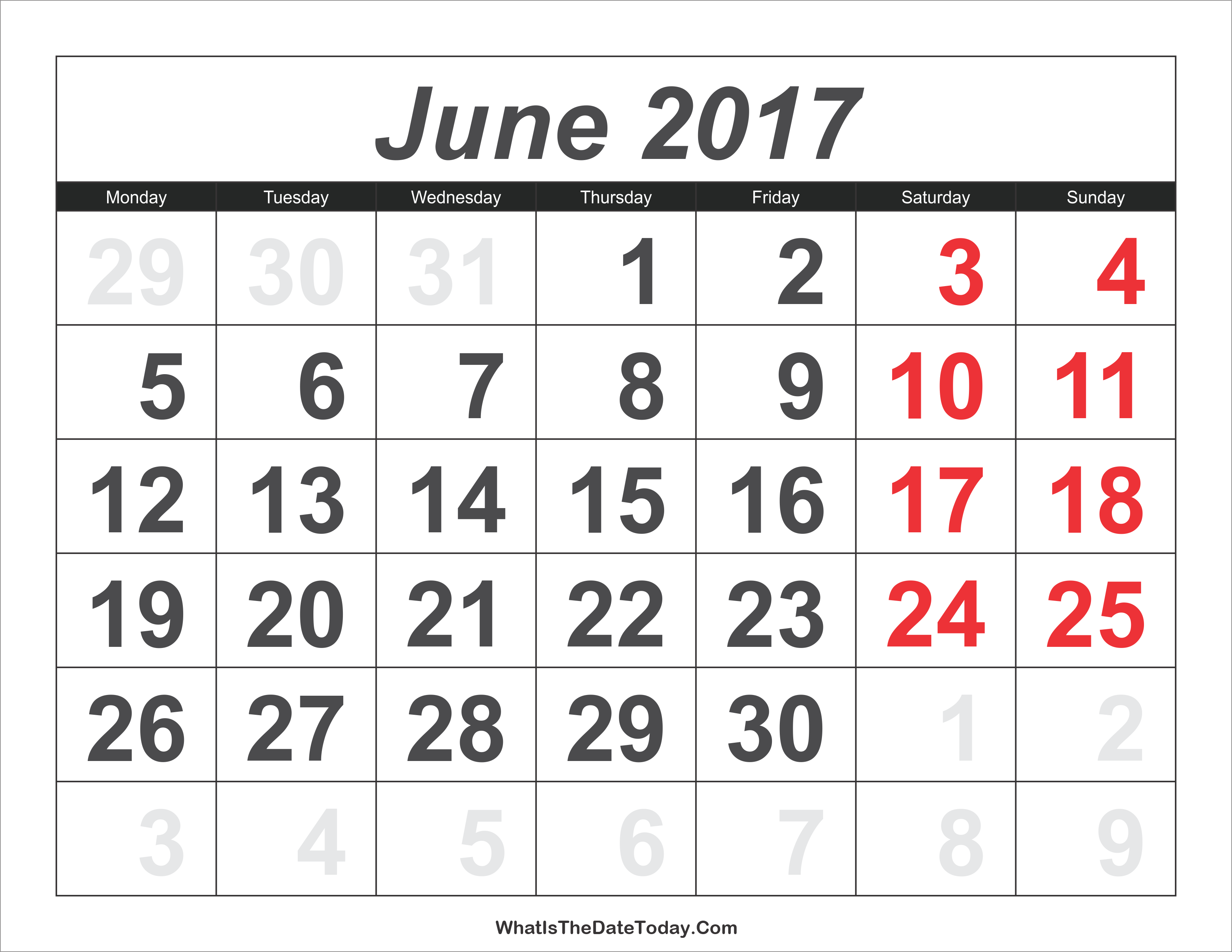 2017 Calendar June with Large Numbers Whatisthedatetoday Com