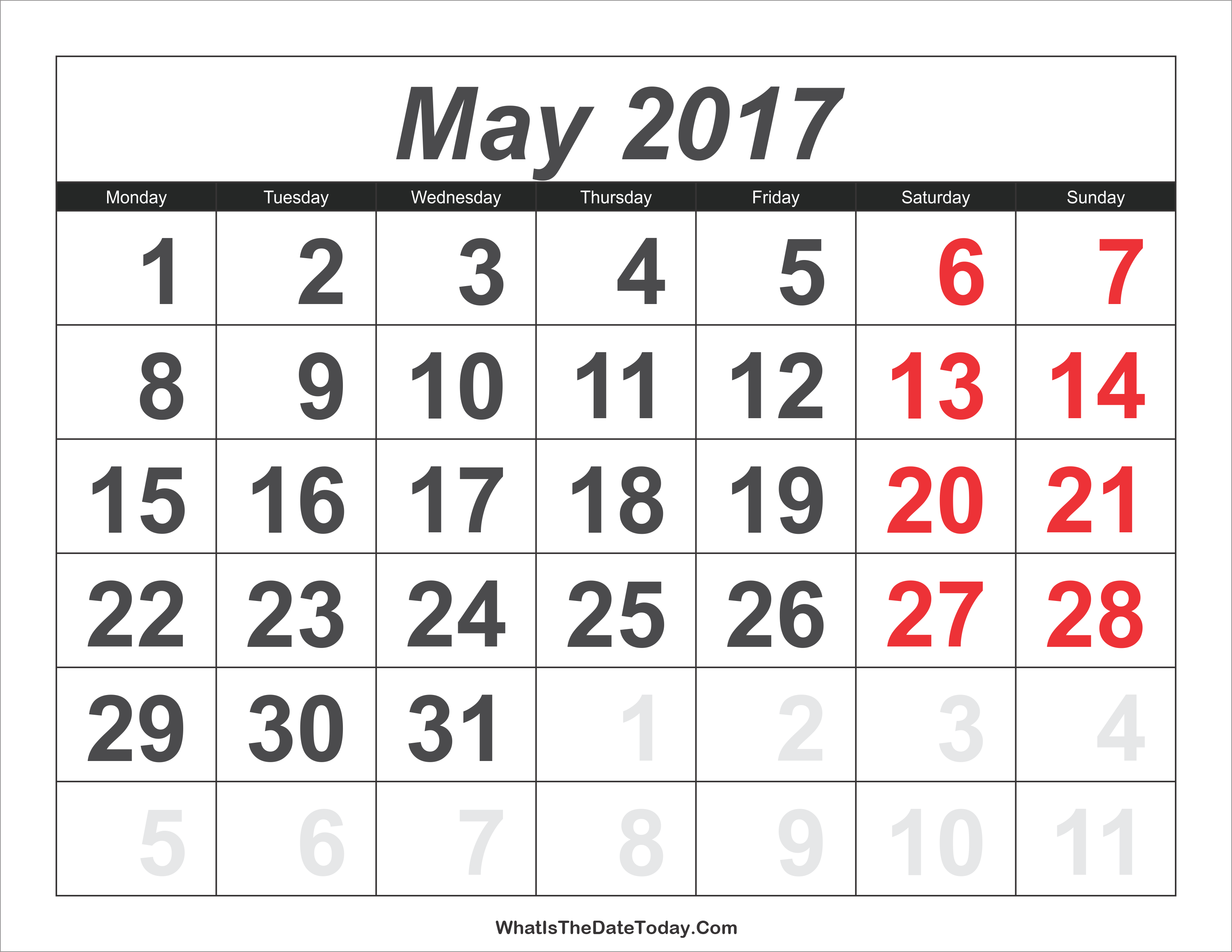 2017 Calendar May with Large Numbers | Whatisthedatetoday.Com