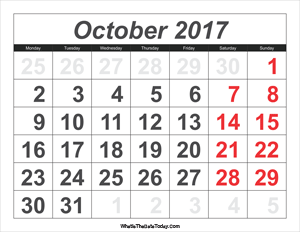 2017 calendar october with large numbers