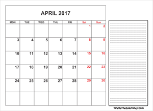 2017 printable april calendar with notes