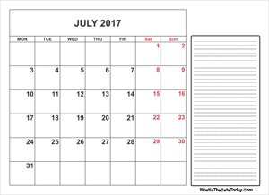 2017 printable july calendar with notes