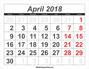 2018 calendar april with large numbers