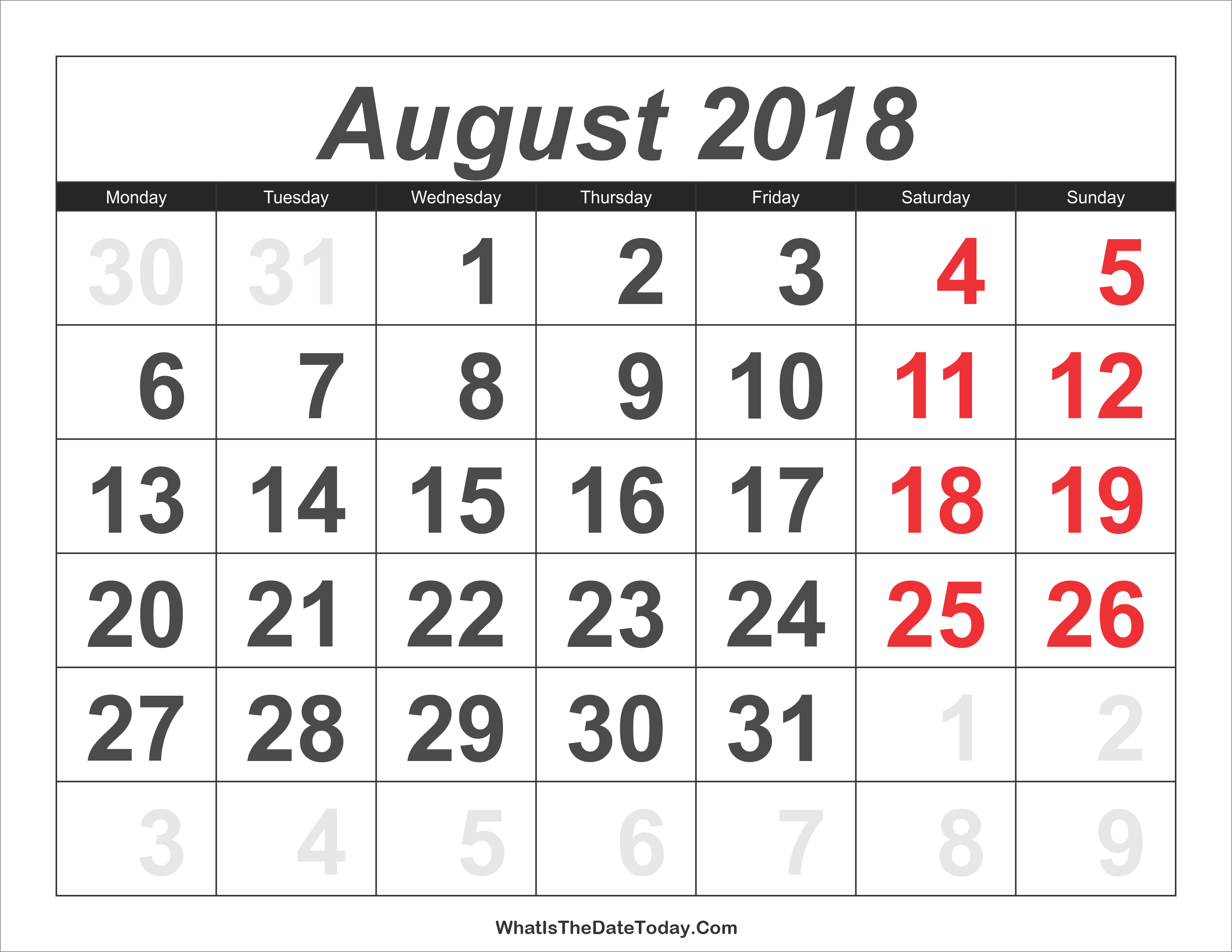 2018 Calendar August with Large Numbers Whatisthedatetoday Com