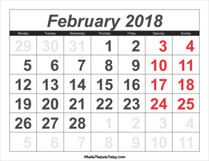 2018 calendar february with large numbers