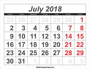 2018 calendar july with large numbers