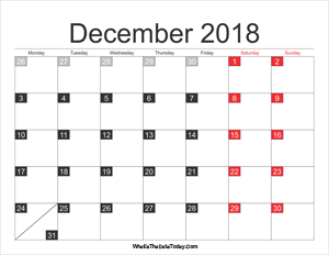 December 18 Calendar Whatisthedatetoday Com