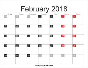 2018 february calendar printable