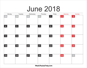 2018 june calendar printable