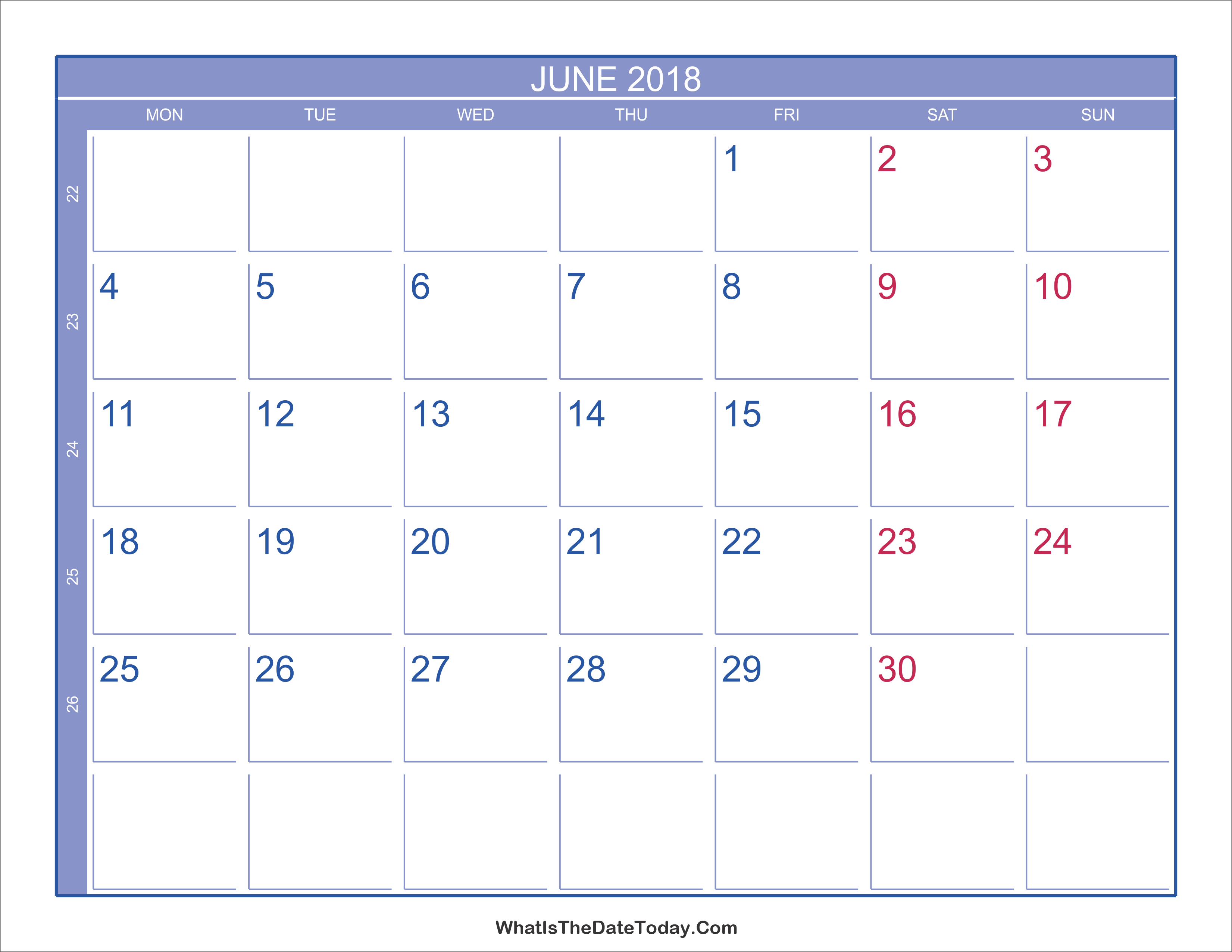 2018 June Calendar with Week Numbers
