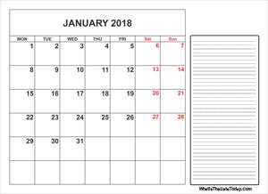 2018 printable january calendar with notes