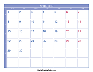 2019 april calendar with week numbers