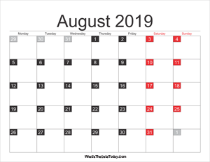 2019 august calendar printable