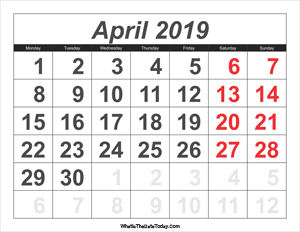 2019 calendar april with large numbers