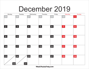 2019 december calendar printable