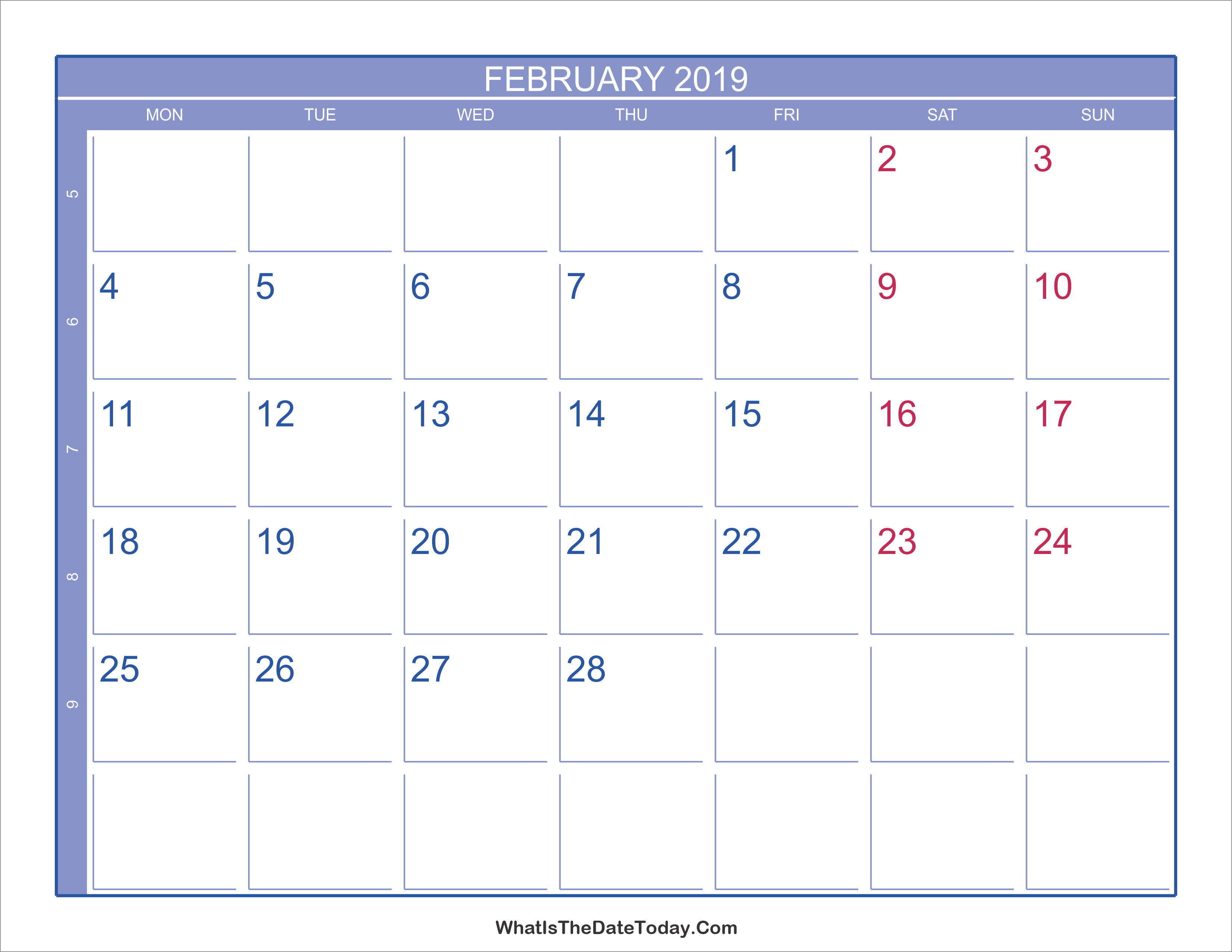 2019 February Calendar With Week Numbers Whatisthedatetoday Com