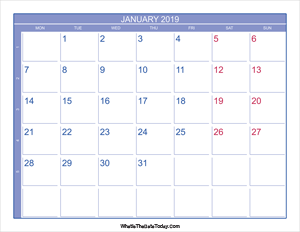 2019 january calendar with week numbers