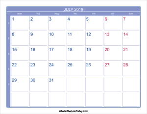 2019 july calendar with week numbers