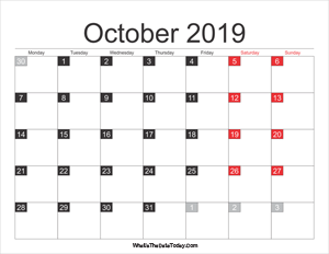2019 october calendar printable