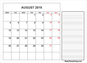 2019 printable august calendar with notes