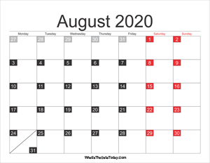2020 august calendar printable