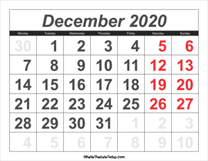 2020 calendar december with large numbers