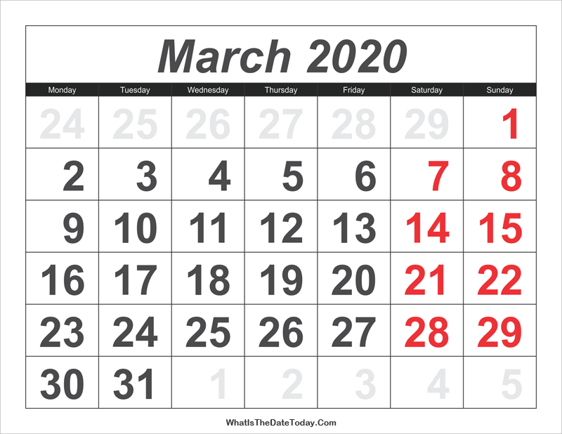 2020 calendar march with large numbers