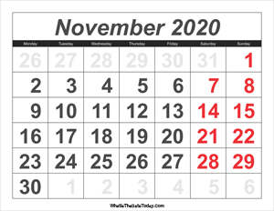 2020 calendar november with large numbers