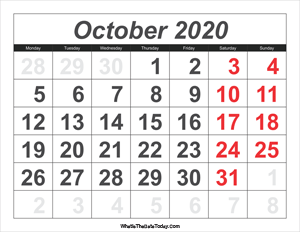 2020 calendar october with large numbers