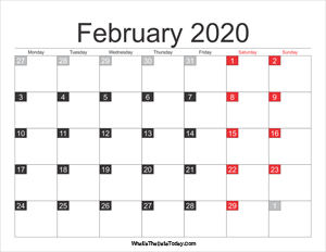 2020 february calendar printable