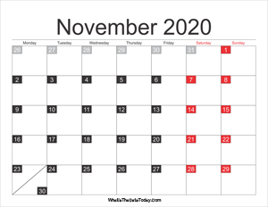 2020 november calendar printable