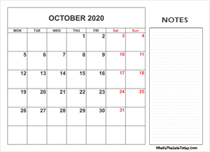 2020 printable october calendar with notes