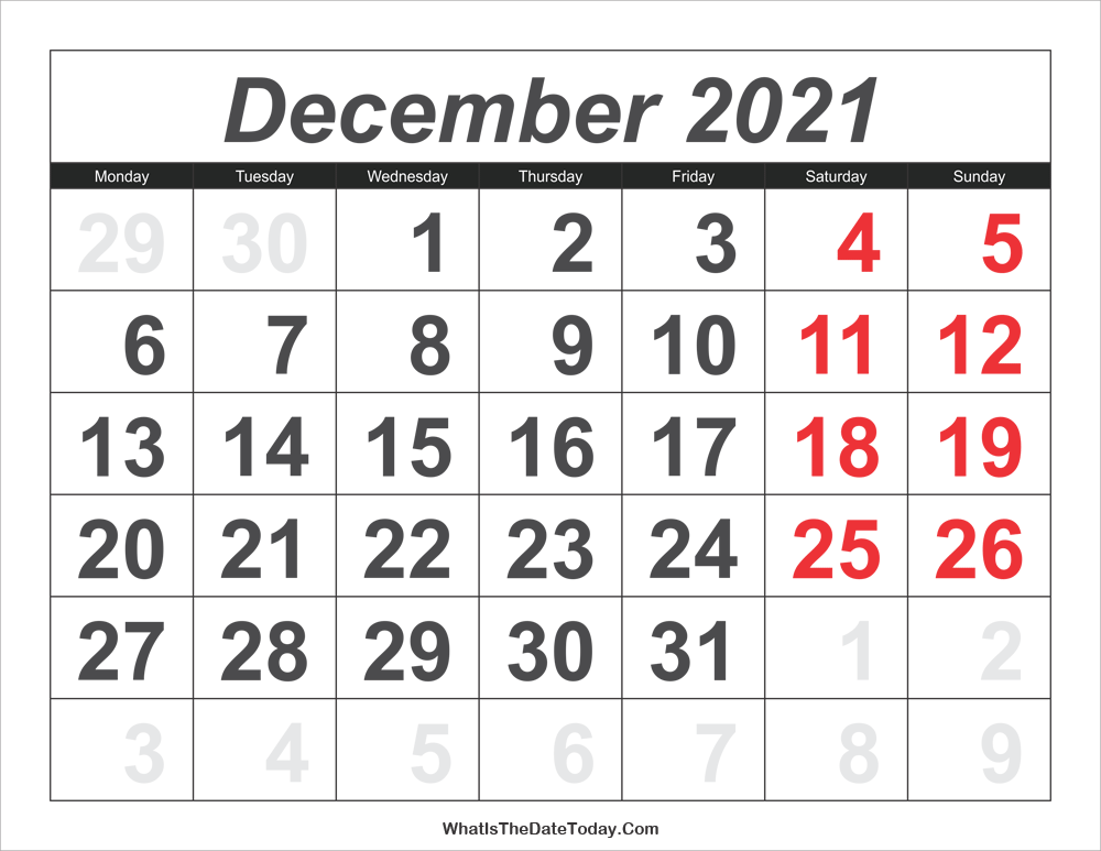 2021 calendar december with large numbers
