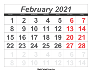 2021 calendar february with large numbers