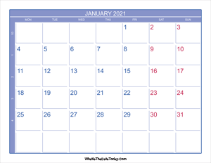 2021 january calendar with week numbers