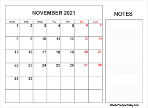 2021 printable november calendar with notes