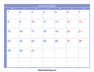 2022 august calendar with week numbers