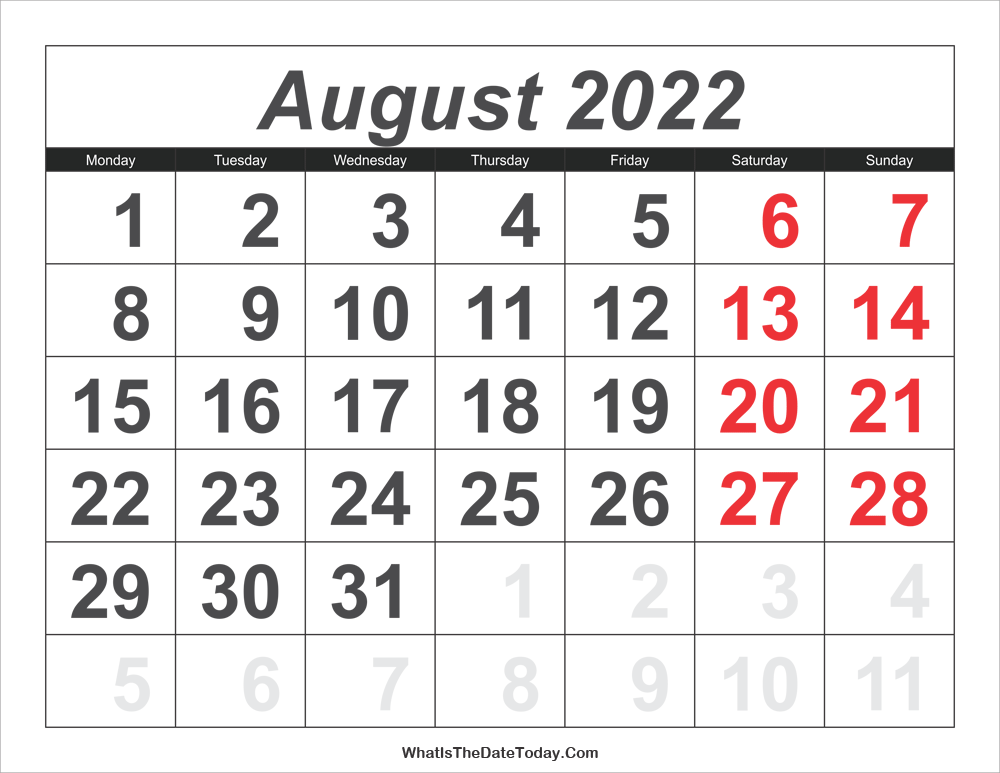 2022 calendar august with large numbers