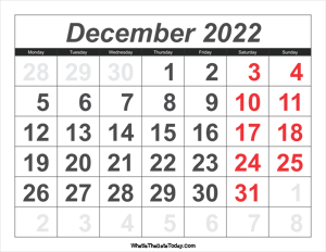 2022 calendar december with large numbers