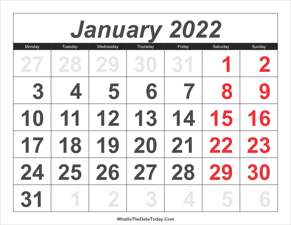 2022 calendar january with large numbers